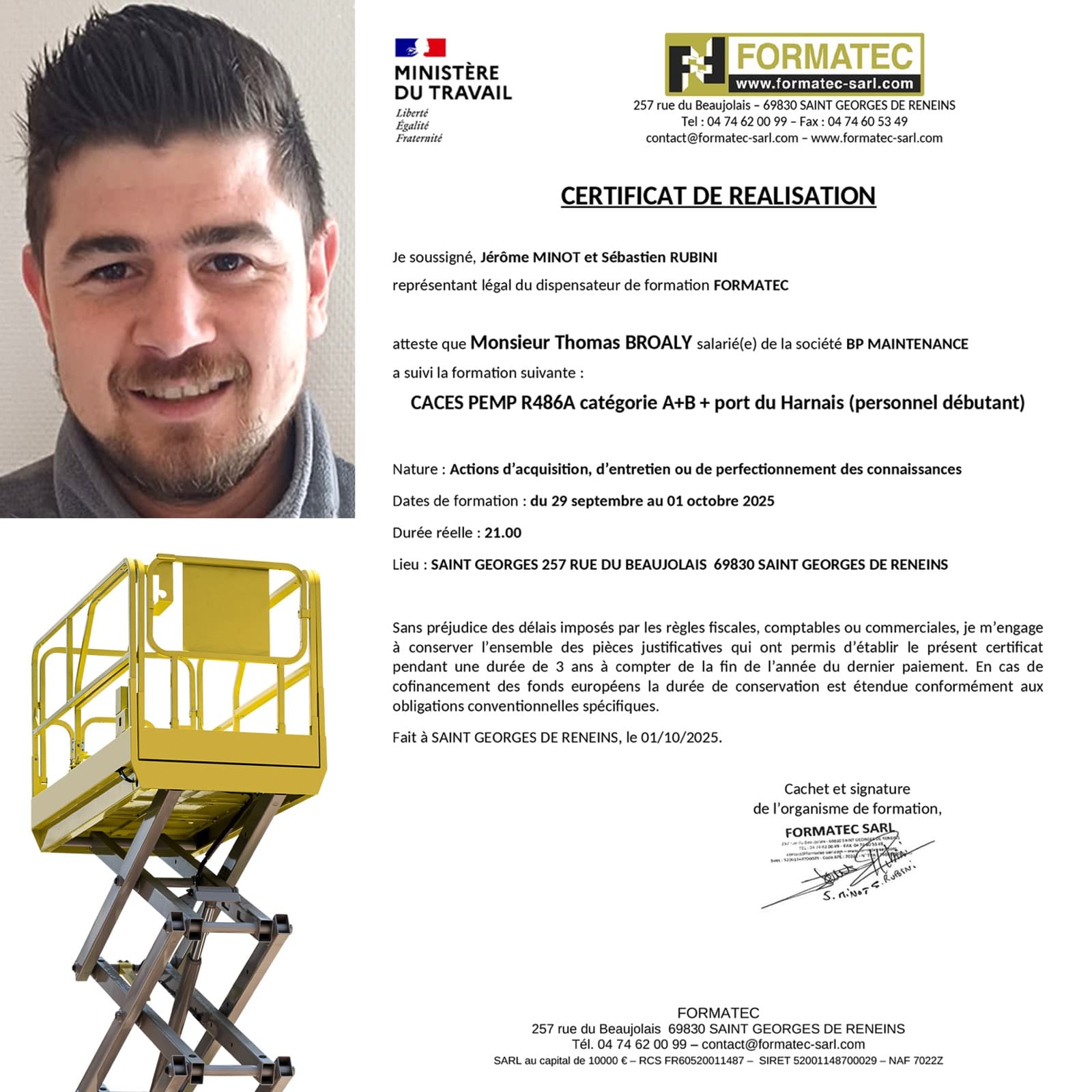 Certificat de formation CACES PEMP R486A de Thomas Broaly