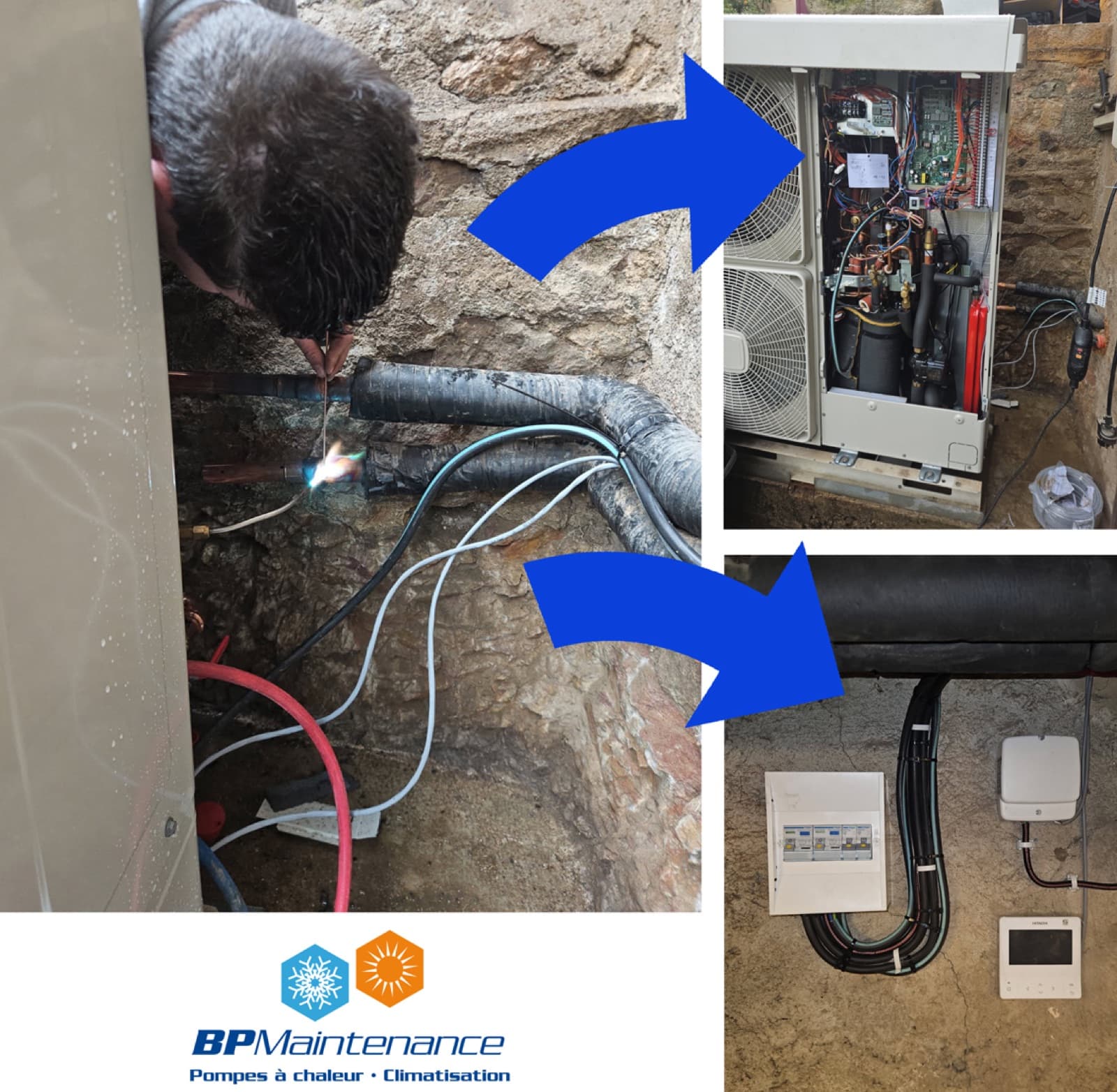Chantier de Ternand en trois photos : brasure des liaisons, pompe à chaleur ouverte pendant le raccordement, coffret électrique et commande murale posés